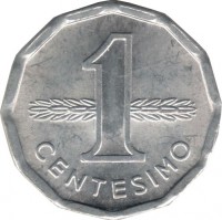 reverse of 1 Centésimo (1977) coin with KM# 71 from Uruguay. Inscription: 1 CENTESIMO