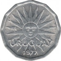 obverse of 2 Centésimos (1977 - 1978) coin with KM# 72 from Uruguay. Inscription: So URUGUAY 1977