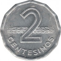 reverse of 2 Centésimos (1977 - 1978) coin with KM# 72 from Uruguay. Inscription: 2 CENTESIMOS