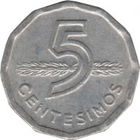 reverse of 5 Centésimos (1977 - 1978) coin with KM# 73 from Uruguay. Inscription: 5 CENTESIMOS