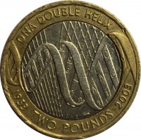 reverse of 2 Pounds - Elizabeth II - 50th Anniversary of DNA Structure Discovery - 4'th Portrait (2003) coin with KM# 1037 from United Kingdom. Inscription: DNA DOUBLE HELIX 1953 TWO POUNDS 2003