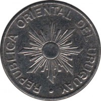 obverse of 1 Nuevo Peso (1989) coin with KM# 95 from Uruguay. Inscription: REPUBLICA ORIENTAL DEL URUGUAY
