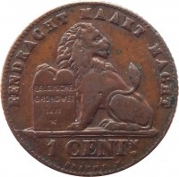 reverse of 1 Centime - Albert I - Dutch text (1912) coin with KM# 77 from Belgium. Inscription: EENDRACHT MAAKT MACHT BELGISCH GRONDWET 1831 1 CENTm . BRAEMT F.