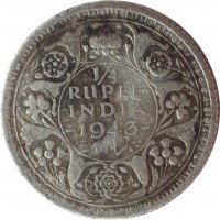 India coin 1/4 Rupee - George VI (1942 - 1943) reverse reverse of 1/4 Rupee - George VI (1942 - 1943) coin with KM# 546 from India. Inscription: 1/4 RUPEE INDIA 1943 چار آنه