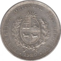 obverse of 20 Centésimos (1920) coin with KM# 24 from Uruguay. Inscription: REPUBLICA ORIENTAL DEL URUGUAY * 1920 *