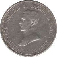 reverse of 20 Centésimos (1920) coin with KM# 24 from Uruguay. Inscription: CON LIBERTAD NI OFENDO NI TEMO * ARTIGAS * 20 CENT *