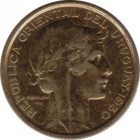 obverse of 10 Centésimos - 100th Anniversary from Constitution Pledge (1930) coin with KM# 25 from Uruguay. Inscription: REPÚBLICA ORIENTAL DEL URUGUAY · 1930 MORLON