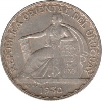 Uruguay coin 20 Centésimos - 100th Anniversary to Constitution of Uruguay (1930) obverse obverse of 20 Centésimos - 100th Anniversary to Constitution of Uruguay (1930) coin with KM# 26 from Uruguay. Inscription: REPÚBLICA ORIENTAL DEL URUGUAY CEN TENA RIO DE 1830 P.TURIN 1930