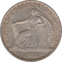 obverse of 20 Centésimos - 100th Anniversary to Constitution of Uruguay (1930) coin with KM# 26 from Uruguay. Inscription: REPÚBLICA ORIENTAL DEL URUGUAY CEN TENA RIO DE 1830 P.TURIN 1930