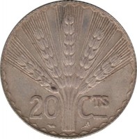 reverse of 20 Centésimos - 100th Anniversary to Constitution of Uruguay (1930) coin with KM# 26 from Uruguay. Inscription: 20 CTS