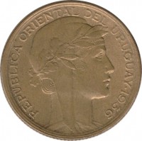 obverse of 10 Centésimos (1936) coin with KM# 28 from Uruguay. Inscription: REPUBLICA ORIENTAL DEL URUGUAY 1936 A MORLON