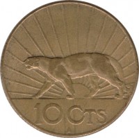 Uruguay coin 10 Centésimos (1936) reverse reverse of 10 Centésimos (1936) coin with KM# 28 from Uruguay. Inscription: 10 CTS