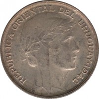 obverse of 20 Centésimos (1942) coin with KM# 29 from Uruguay. Inscription: REPUBLICA ORIENTAL DEL URUGUAY 1942 MORLON