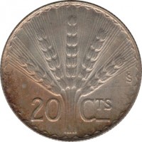 reverse of 20 Centésimos (1942) coin with KM# 29 from Uruguay. Inscription: 20 CTS