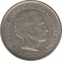 obverse of 1 Peso (1942) coin with KM# 30 from Uruguay. Inscription: REPUBLICA ORIENTAL DEL URUGUAY 1942 ARTIGAS