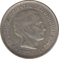 Uruguay coin 1 Peso (1942) obverse obverse of 1 Peso (1942) coin with KM# 30 from Uruguay. Inscription: REPUBLICA ORIENTAL DEL URUGUAY 1942 ARTIGAS