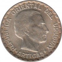 obverse of 50 Centésimos (1943) coin with KM# 31 from Uruguay. Inscription: REPÚPBLICA ORIENTAL DEL URUGUAY ARTIGAS