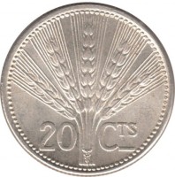 reverse of 20 Centésimos (1954) coin with KM# 36 from Uruguay. Inscription: 20 CTS