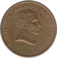 obverse of 2 Centésimos (1960) coin with KM# 37 from Uruguay. Inscription: REPÚBLICA ORIENTAL DEL URUGUAY ·ARTIGAS· 1960