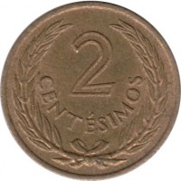 reverse of 2 Centésimos (1960) coin with KM# 37 from Uruguay. Inscription: 2 CENTÉSIMOS