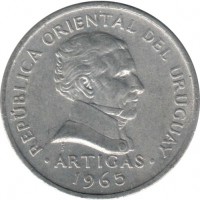 obverse of 20 Centésimos (1965) coin with KM# 44 from Uruguay. Inscription: REPUBLICA ORIENTAL DEL URUGUAY ARTIGAS 1965 So