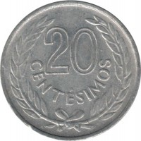 reverse of 20 Centésimos (1965) coin with KM# 44 from Uruguay. Inscription: 20 CENTESIMOS