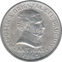 obverse of 50 Centésimos (1965) coin with KM# 45 from Uruguay. Inscription: REPÚBLICA ORIENTAL DEL URUGUAY So ARTIGAS 1965