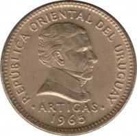 obverse of 10 Pesos (1965) coin with KM# 48 from Uruguay. Inscription: REPÚBLICA ORIENTAL DEL URUGUAY So ARTIGAS 1965