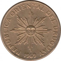 obverse of 1 Peso (1969) coin with KM# 52 from Uruguay. Inscription: REPUBLICA ORIENTAL DEL URUGUAY So 1969