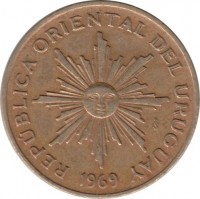 obverse of 5 Pesos (1969) coin with KM# 53 from Uruguay. Inscription: REPÚBLICA ORIENTAL DEL URUGUAY So 1969