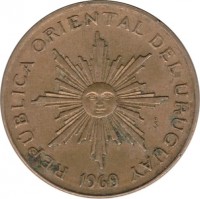 obverse of 10 Pesos (1969) coin with KM# 54 from Uruguay. Inscription: REPUBLICA ORIENTAL DEL URUGUAY So 1969