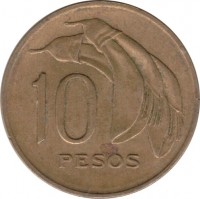 Uruguay coin 10 Pesos (1969) reverse reverse of 10 Pesos (1969) coin with KM# 54 from Uruguay. Inscription: 10 PESOS