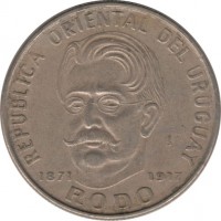 obverse of 50 Pesos - 100th Anniversary to Birth of José Enrique Rodó (1971) coin with KM# 58 from Uruguay. Inscription: REPUBLICA ORIENTAL DEL URUGUAY So 1871 1917 RODO