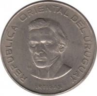 Uruguay coin 100 Pesos (1973) obverse obverse of 100 Pesos (1973) coin with KM# 59 from Uruguay. Inscription: REPUBLICA ORIENTAL DEL URUGUAY M ARTIGAS