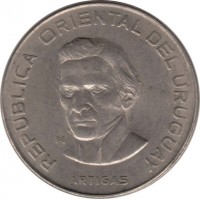 obverse of 100 Pesos (1973) coin with KM# 59 from Uruguay. Inscription: REPUBLICA ORIENTAL DEL URUGUAY M ARTIGAS