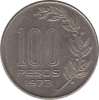 reverse of 100 Pesos (1973) coin with KM# 59 from Uruguay. Inscription: 100 PESOS 1973