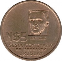Uruguay coin 5 Nuevos Pesos - 150th Anniversary of the Revolutionary Movement (1975) obverse obverse of 5 Nuevos Pesos - 150th Anniversary of the Revolutionary Movement (1975) coin with KM# 65 from Uruguay. Inscription: N$ 5 ARTIGAS So SESQUICENTENARIO DE MDCCCXXV URUGUAY