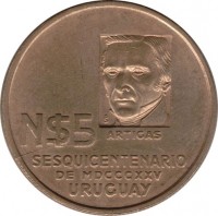 obverse of 5 Nuevos Pesos - 150th Anniversary of the Revolutionary Movement (1975) coin with KM# 65 from Uruguay. Inscription: N$ 5 ARTIGAS So SESQUICENTENARIO DE MDCCCXXV URUGUAY