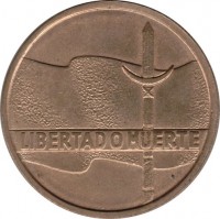 reverse of 5 Nuevos Pesos - 150th Anniversary of the Revolutionary Movement (1975) coin with KM# 65 from Uruguay. Inscription: LIBERTAD O MUERTE