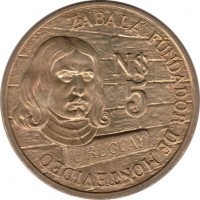 obverse of 5 Nuevos Pesos - 250th Anniversary to Founding of Montevideo (1976) coin with KM# 70 from Uruguay. Inscription: ZABALA FUNDADOR DE MONTEVIDEO N$ 5 URUGUAY