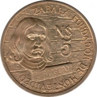 Uruguay coin 5 Nuevos Pesos - 250th Anniversary to Founding of Montevideo (1976) obverse obverse of 5 Nuevos Pesos - 250th Anniversary to Founding of Montevideo (1976) coin with KM# 70 from Uruguay. Inscription: ZABALA FUNDADOR DE MONTEVIDEO N$ 5 URUGUAY