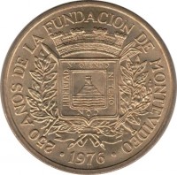 Uruguay coin 5 Nuevos Pesos - 250th Anniversary to Founding of Montevideo (1976) reverse reverse of 5 Nuevos Pesos - 250th Anniversary to Founding of Montevideo (1976) coin with KM# 70 from Uruguay. Inscription: 250 AÑOS DE LA FUNDACION DE MONTEVIDEO CON LIBERTAD NI OFENDO NI TEMO · 1976 ·