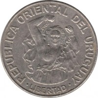 obverse of 200 Nuevos Pesos (1989) coin with KM# 97 from Uruguay. Inscription: REPUBLICA ORIENTAL DEL URUGUAY LIBERTAD