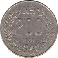 reverse of 200 Nuevos Pesos (1989) coin with KM# 97 from Uruguay. Inscription: N$ 200 1989