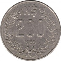 Uruguay coin 200 Nuevos Pesos (1989) reverse reverse of 200 Nuevos Pesos (1989) coin with KM# 97 from Uruguay. Inscription: N$ 200 1989