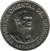 obverse of 500 Nuevos Pesos (1989) coin with KM# 98 from Uruguay. Inscription: REPUBLICA ORIENTAL DEL URUGUAY ARTIGAS