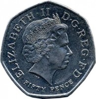 obverse of 50 Pence - Elizabeth II - Glasgow 2014 Commonwealth Games - 4'th Portrait (2014) coin with KM# 1311 from United Kingdom. Inscription: ELIZABETH · II · D · G · REG · F · D IRB FIFTY PENCE