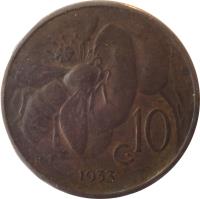 reverse of 10 Centesimi - Vittorio Emanuele III (1919 - 1937) coin with KM# 60 from Italy. Inscription: C.10 R 1924 R. BROZZI
