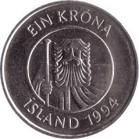 obverse of 1 Króna (1989 - 2011) coin with KM# 27a from Iceland. Inscription: EIN KRÓNA ÍSLAND 2003