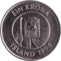 Iceland coin 1 Króna (1989 - 2011) obverse obverse of 1 Króna (1989 - 2011) coin with KM# 27a from Iceland. Inscription: EIN KRÓNA ÍSLAND 2003